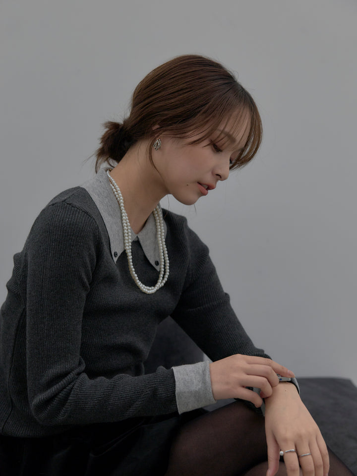 【SET】配色カフスニットポロ+ベロアバルーンミニスカート(インパン付き)(2set)