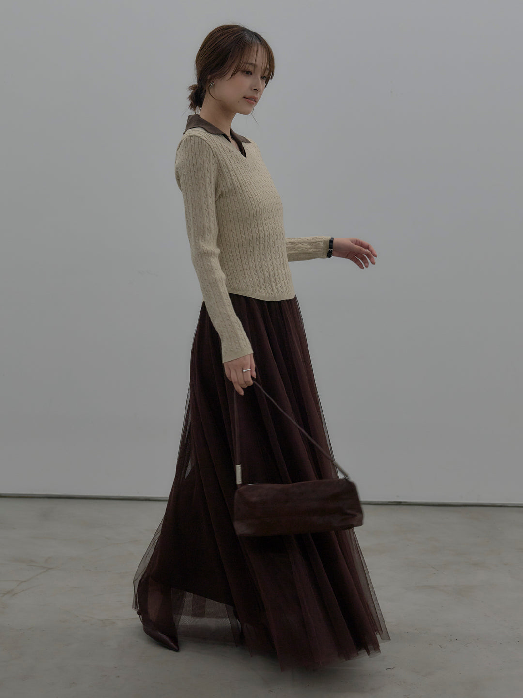 【SET】配色Vネックケーブルニットトップス+ボリュームチュールスカート(2set)