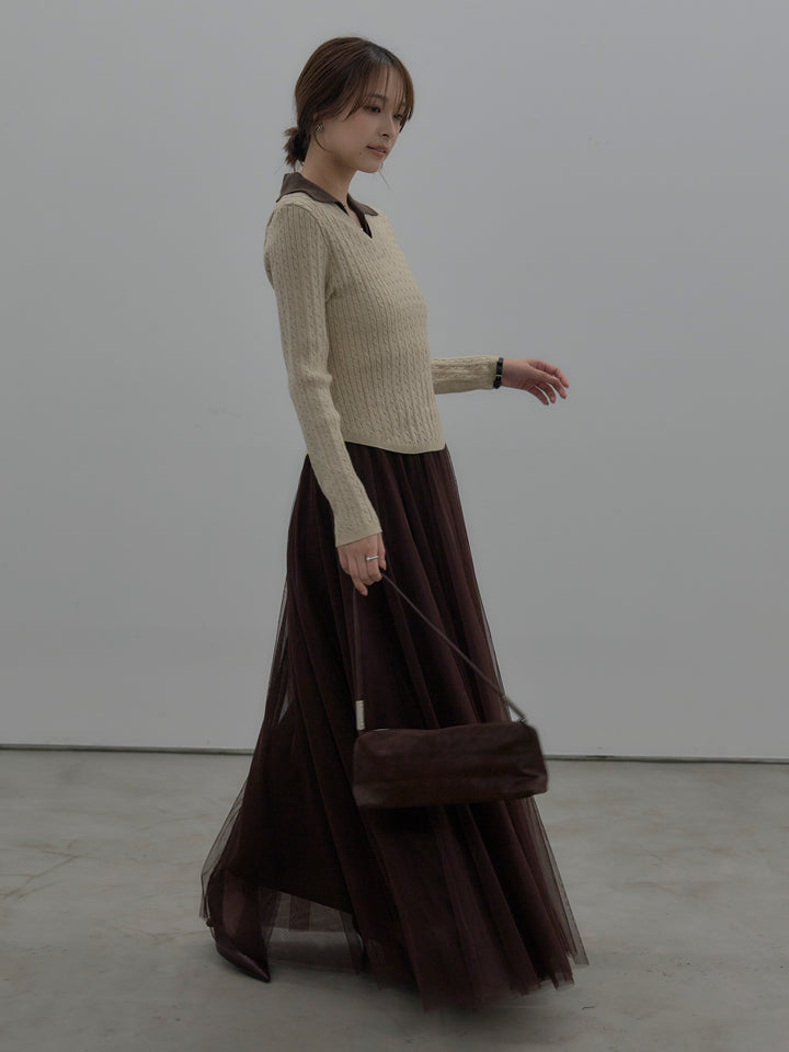 【SET】配色Vネックケーブルニットトップス+ボリュームチュールスカート(2set)