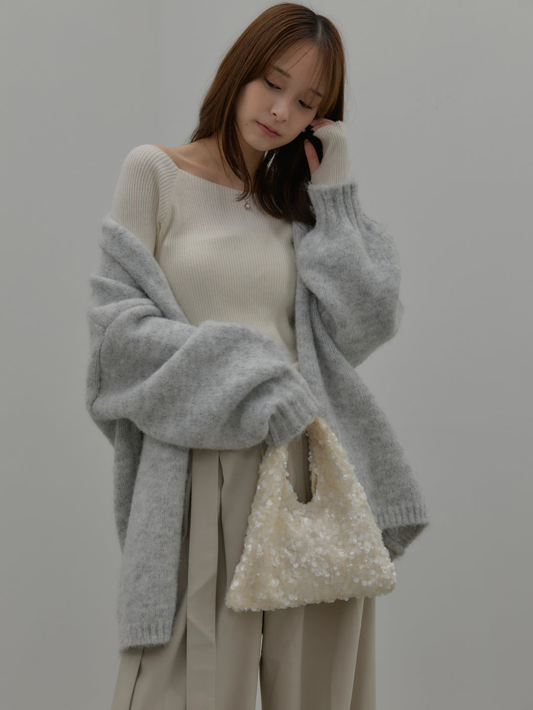 【SET】モヘアライクオーバーニットカーディガン+ウエストリボンワイドパンツ(2set)