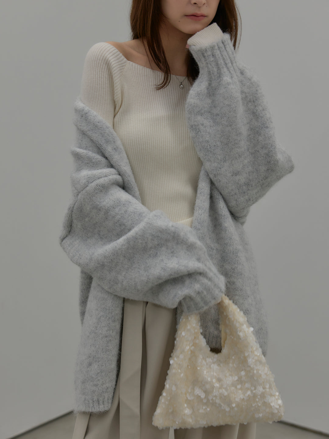 【SET】モヘアライクオーバーニットカーディガン+スクエアネックリブニット(2set)