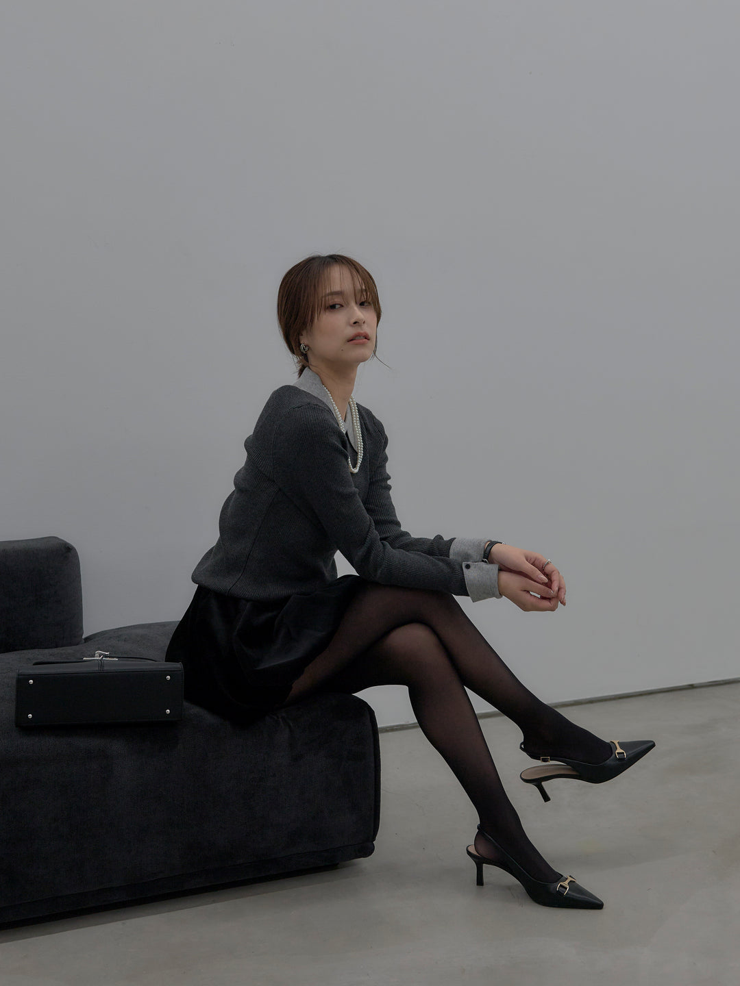 【SET】配色カフスニットポロ+ベロアバルーンミニスカート(インパン付き)(2set)