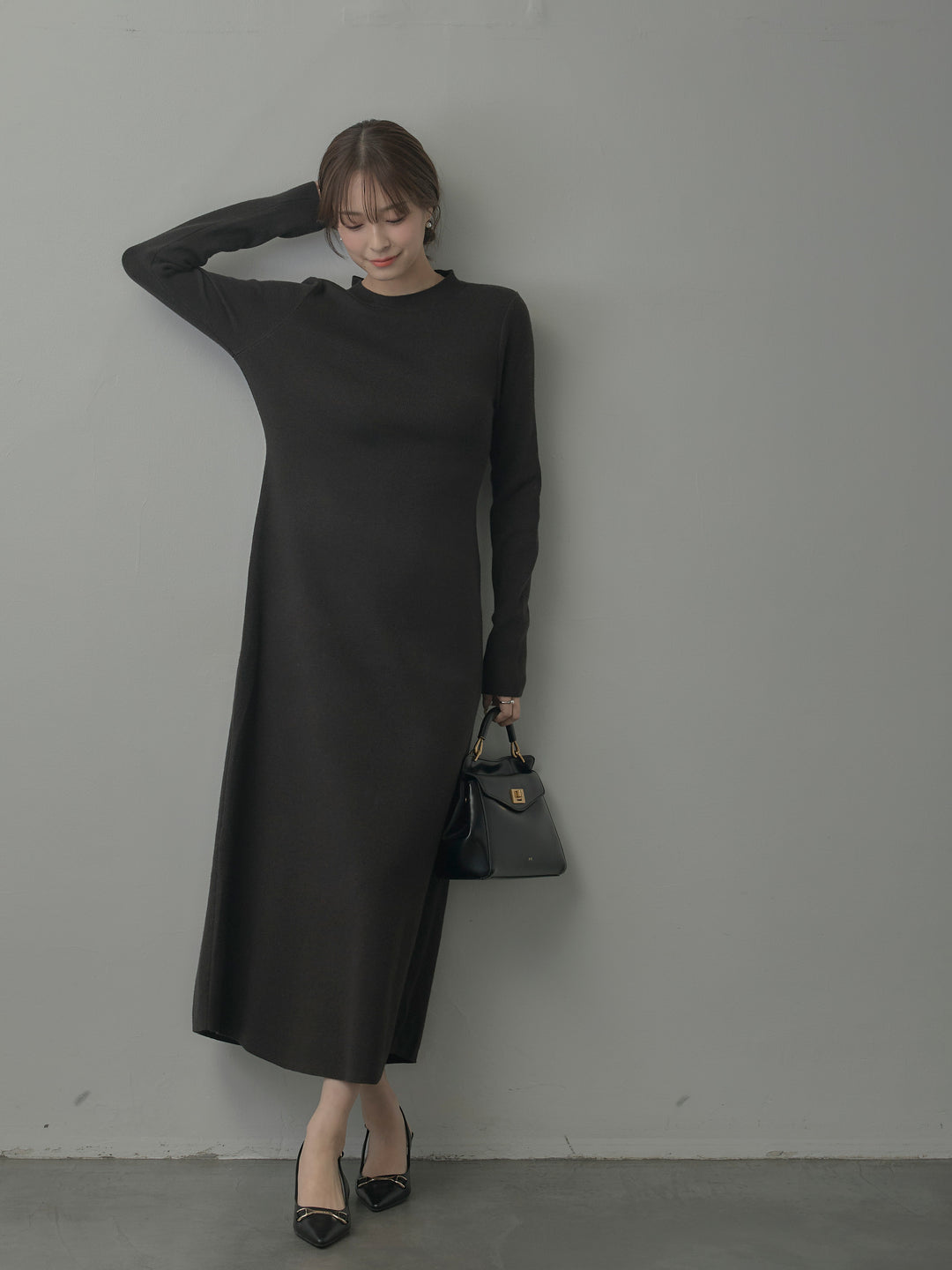 バックリボンニットロングワンピース