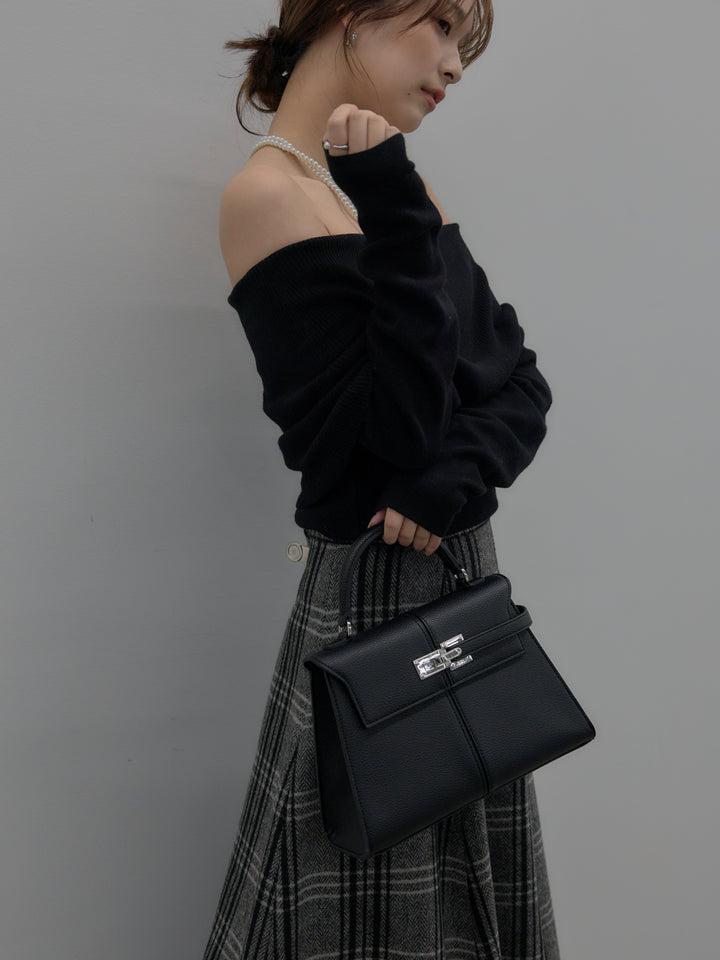 【SET】【premium touch】ソフトリブオフショルニットトップス+【Essential】クラシカルチェックウールタッチスカート(2set)