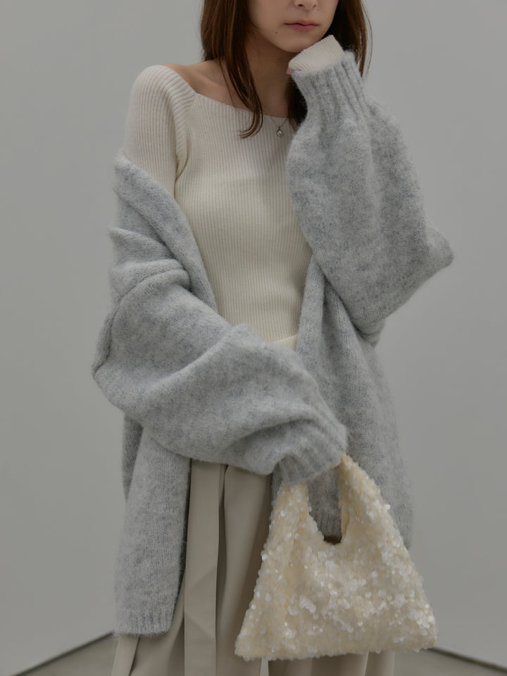 【SET】モヘアライクオーバーニットカーディガン+スクエアネックリブニット+ウエストリボンワイドパンツ(3set)