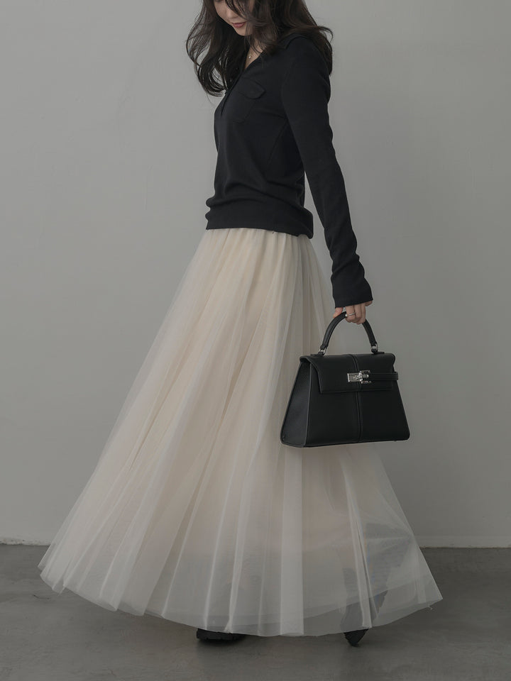 【SET】ポケットデザインリブニットトップス+ボリュームチュールスカート(2set)