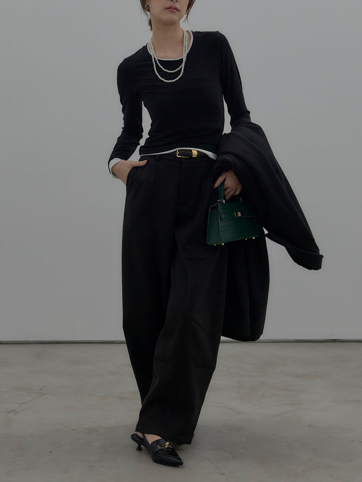 【SET】バイカラーレイヤードカットソー+カーブデザインスウェットライクパンツ(2set)