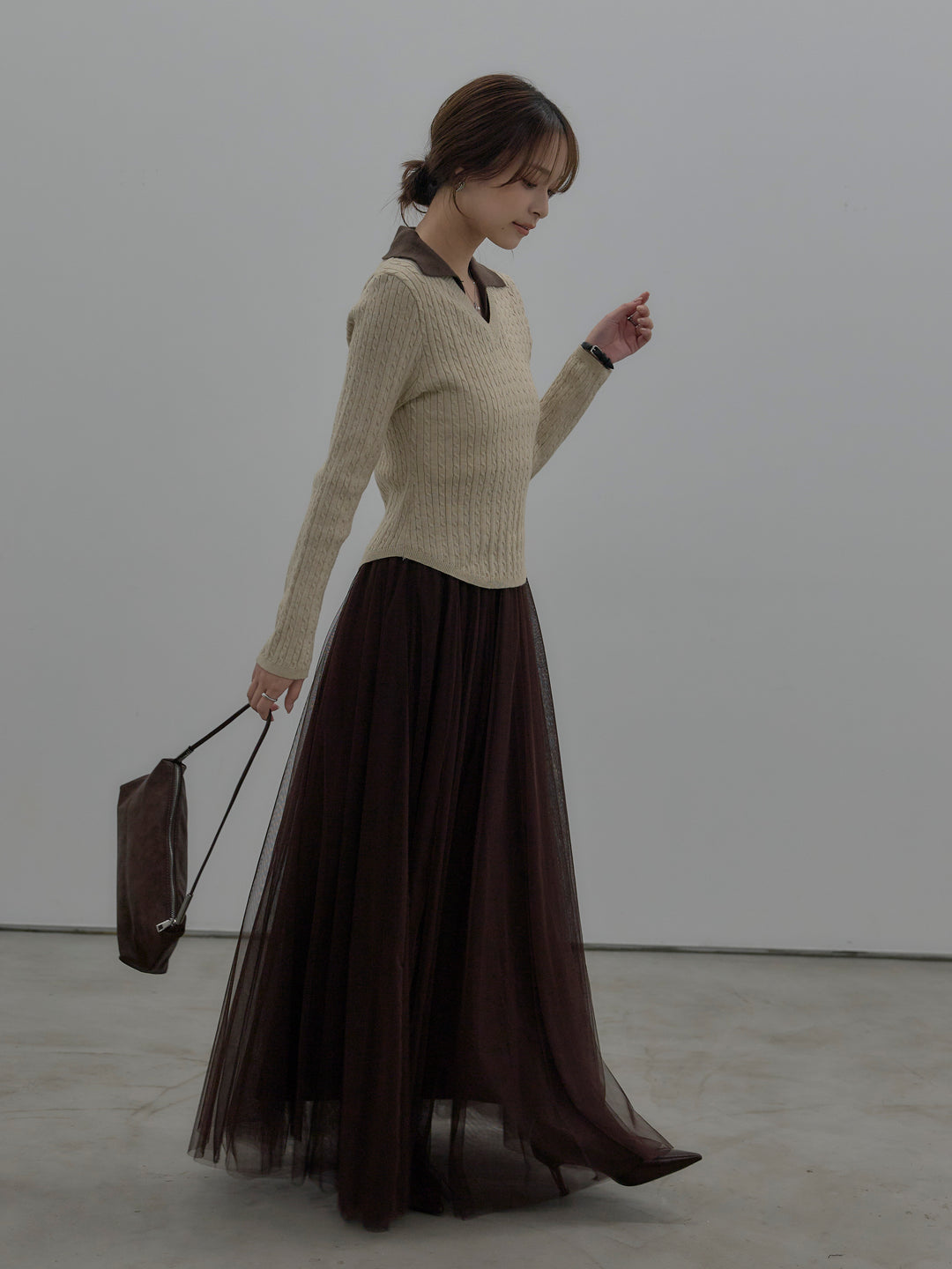 【SET】配色Vネックケーブルニットトップス+ボリュームチュールスカート(2set)