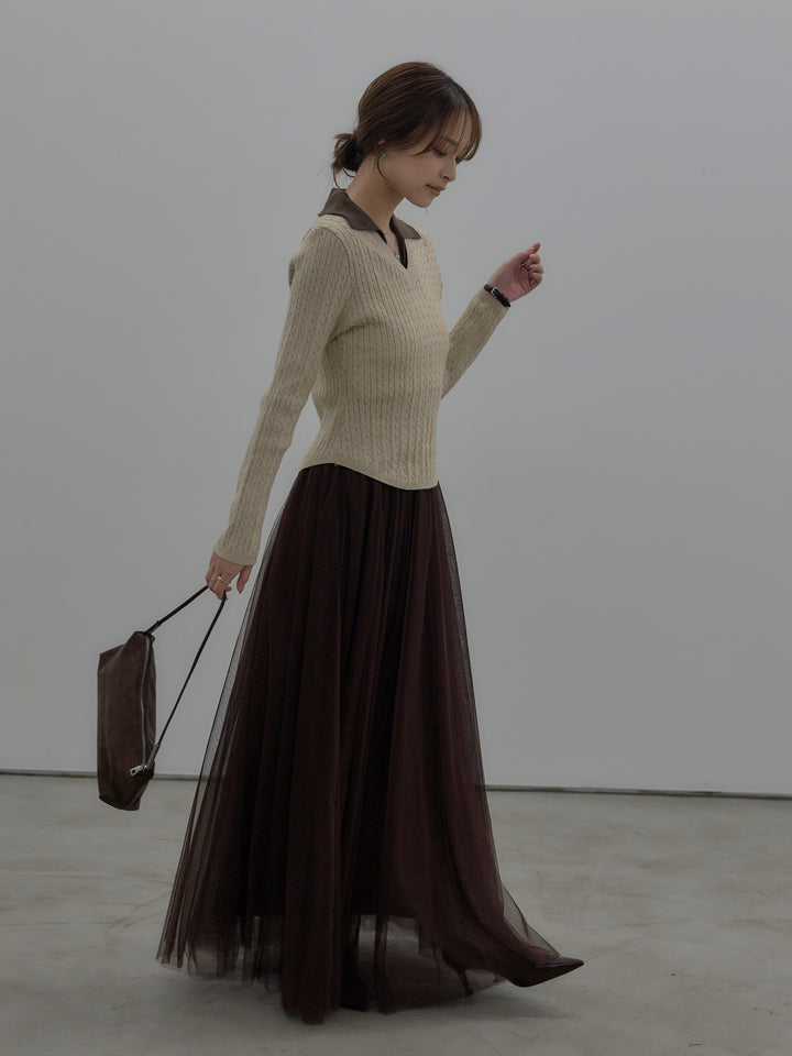 【SET】配色Vネックケーブルニットトップス+ボリュームチュールスカート(2set)