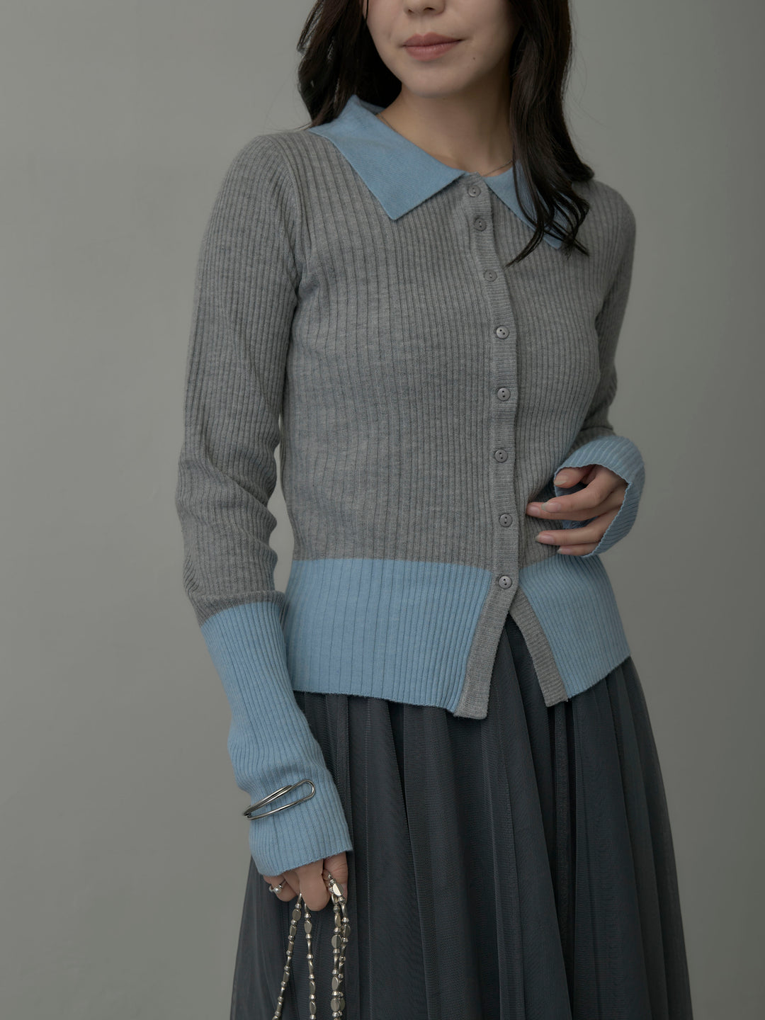 【SET】バイカラーリブニットポロトップス+ボリュームチュールスカート(2set)