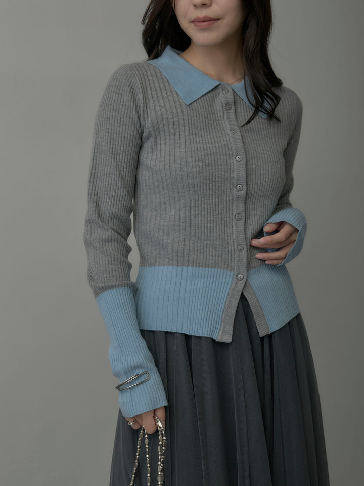 【SET】バイカラーリブニットポロトップス+ボリュームチュールスカート(2set)