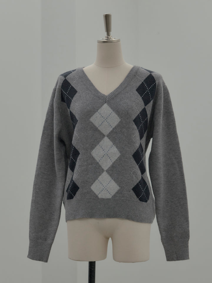 アーガイル柄Vネックニットプルオーバー