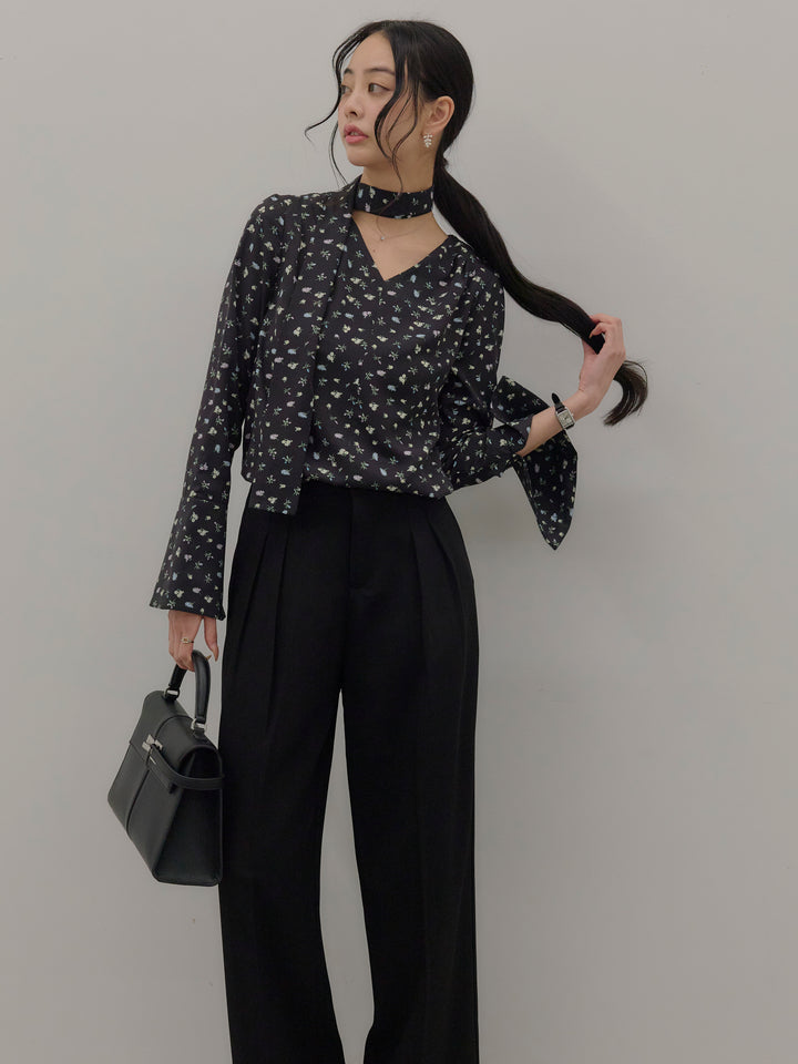 【Essential】2wayタイ付きベルスリーブサテンブラウス