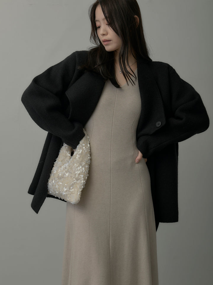 【SET】ショールカラーニットカーディガン+Vネックニットロングワンピース(2set)