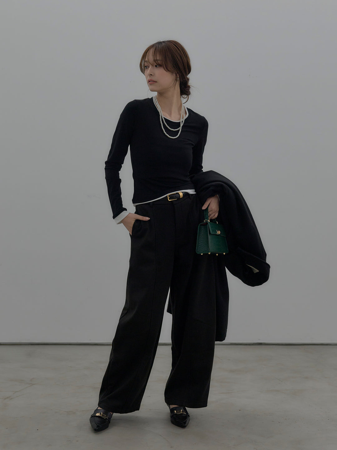 【SET】バイカラーレイヤードカットソー+カーブデザインスウェットライクパンツ(2set)