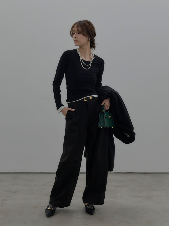 【SET】バイカラーレイヤードカットソー+カーブデザインスウェットライクパンツ(2set)