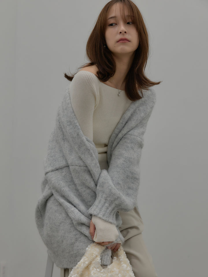 【SET】モヘアライクオーバーニットカーディガン+スクエアネックリブニット+ウエストリボンワイドパンツ(3set)