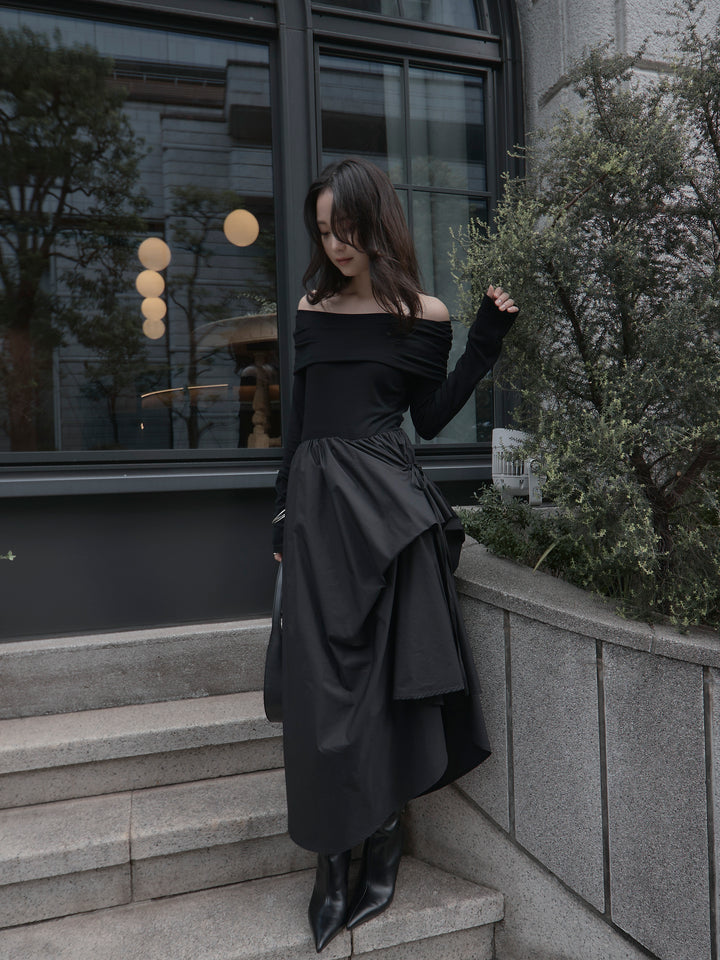 [予約]オフショルリブドッキングワンピース