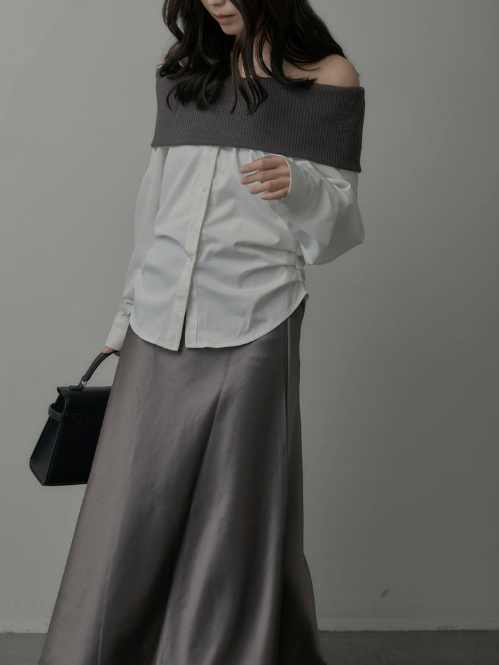 【SET】ニットシャツドッキングオフショルトップス+ヘビーサテンAラインスカート(2set)