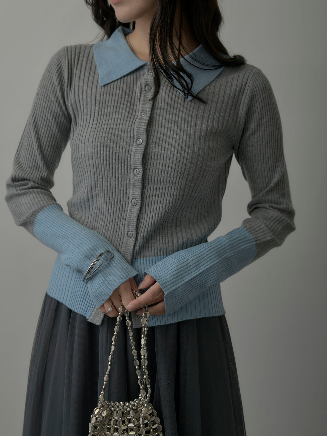 バイカラーリブニットポロトップス