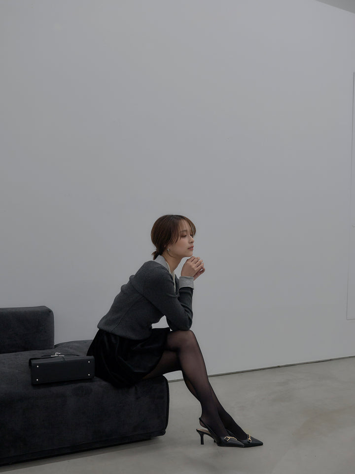 【SET】配色カフスニットポロ+ベロアバルーンミニスカート(インパン付き)(2set)