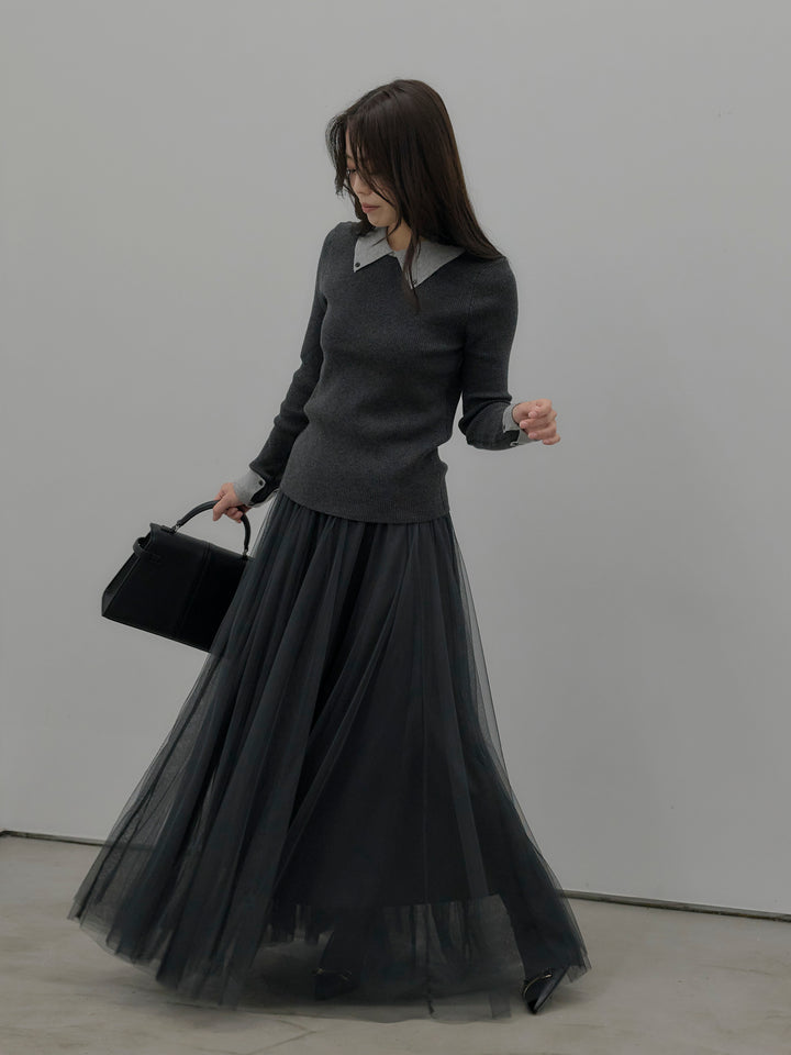 【SET】配色カフスニットポロ+ボリュームチュールスカート(2set)