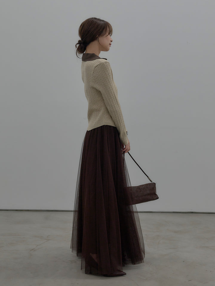 【SET】配色Vネックケーブルニットトップス+ボリュームチュールスカート(2set)