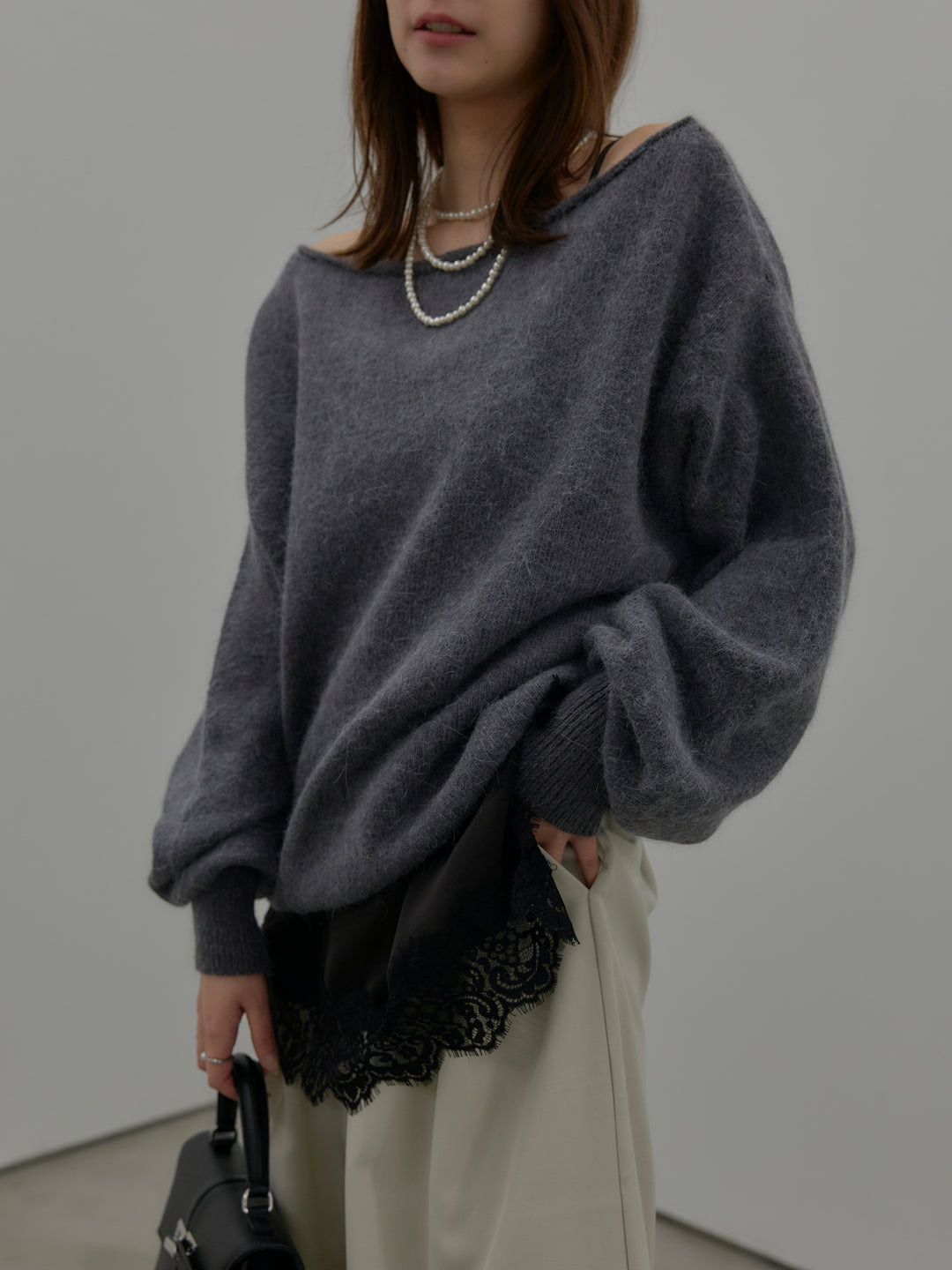 【SET】【premium touch】2wayショルダーニットプルオーバー+レースサテンキャミソール(2set)