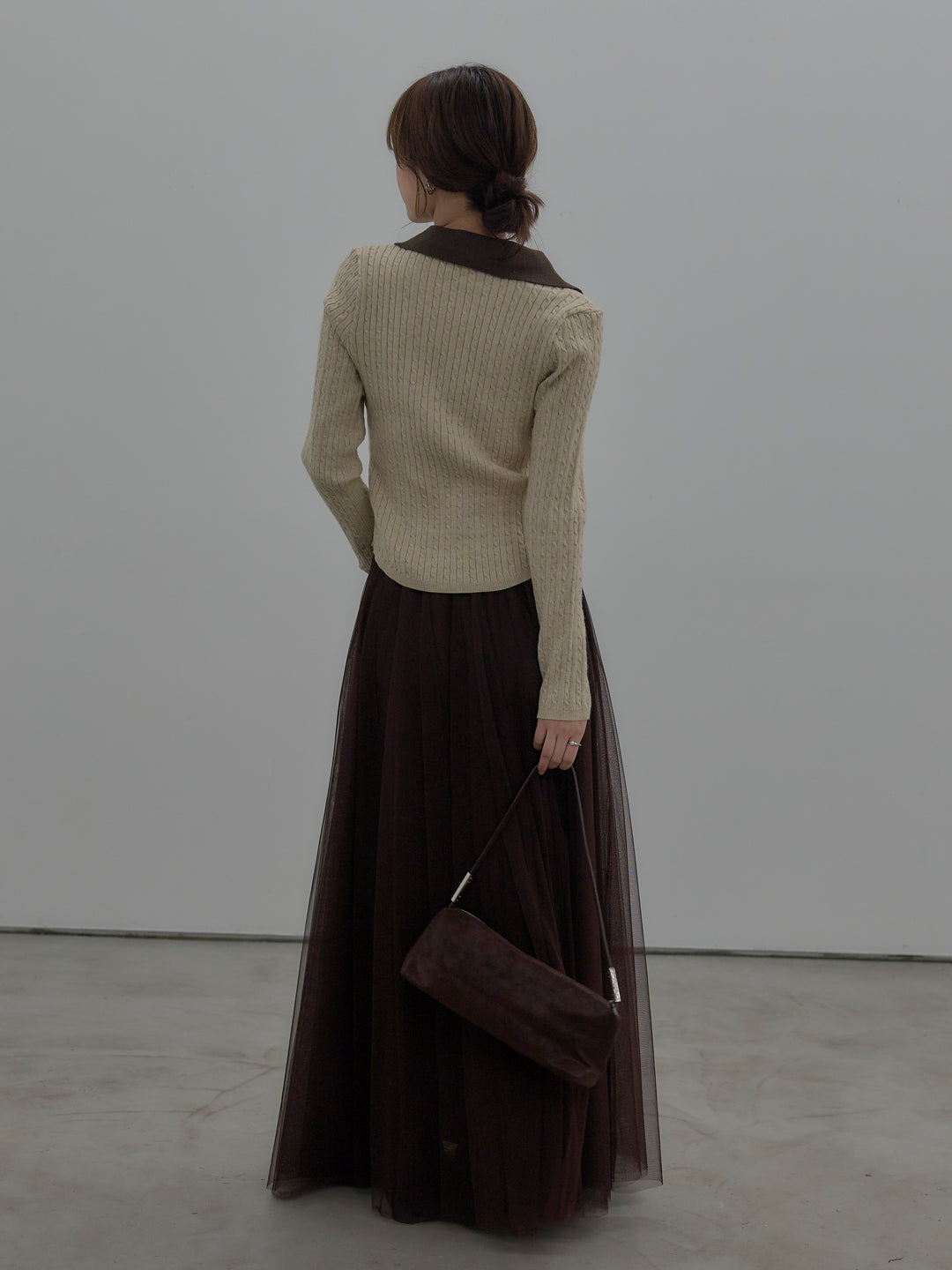 【SET】配色Vネックケーブルニットトップス+ボリュームチュールスカート(2set)