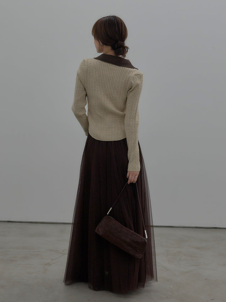 【SET】配色Vネックケーブルニットトップス+ボリュームチュールスカート(2set)