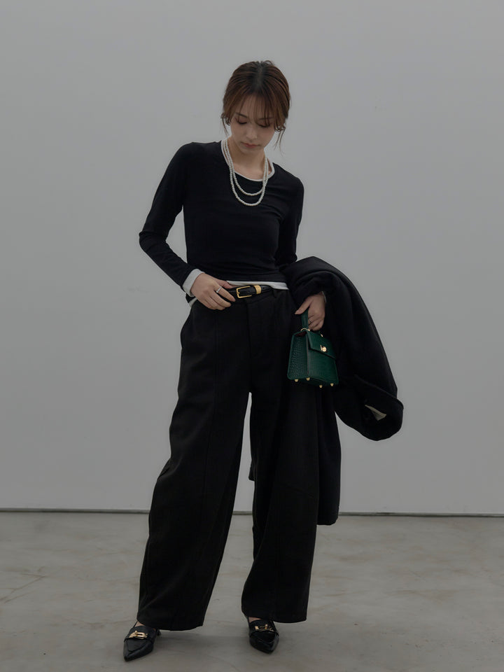 【SET】バイカラーレイヤードカットソー+カーブデザインスウェットライクパンツ(2set)