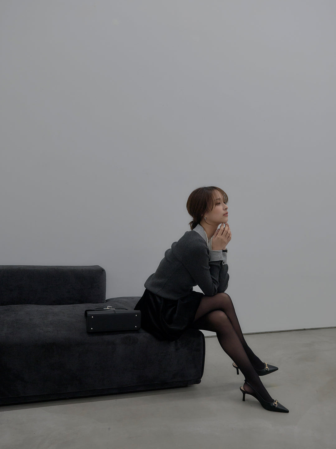 【SET】配色カフスニットポロ+ベロアバルーンミニスカート(インパン付き)(2set)