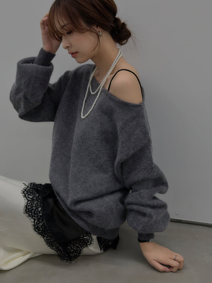 【SET】【premium touch】2wayショルダーニットプルオーバー+ナローAラインサテンスカート(2set)