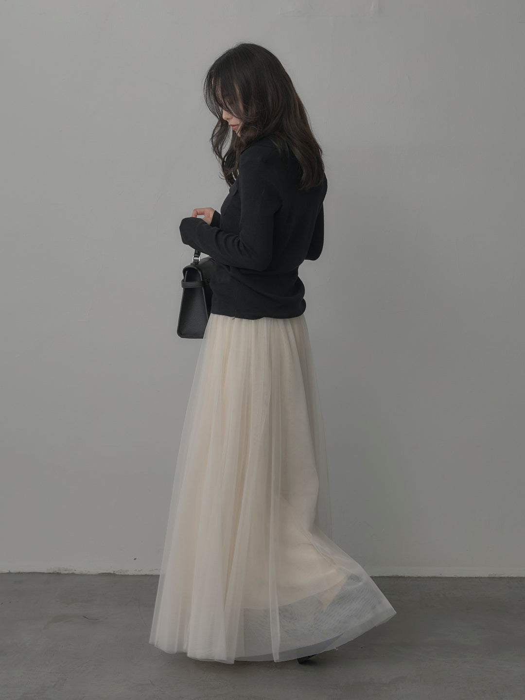 【SET】ポケットデザインリブニットトップス+ボリュームチュールスカート(2set)