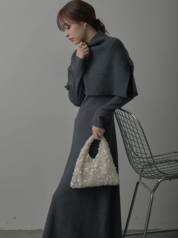 ケープ付きリブニットロングワンピース