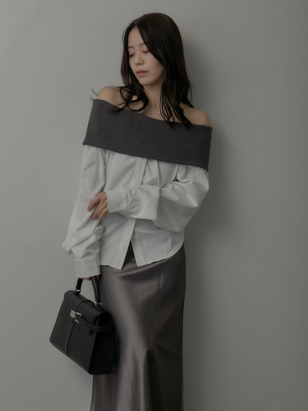 ニットシャツドッキングオフショルトップス