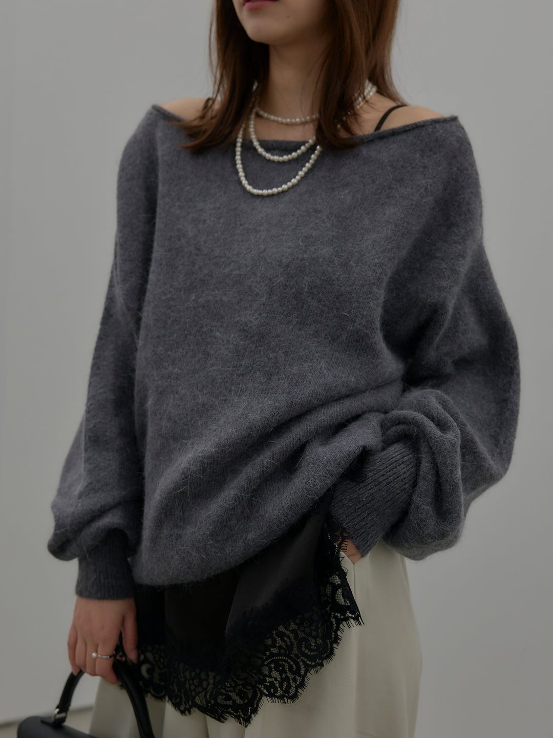 【SET】【premium touch】2wayショルダーニットプルオーバー+レースサテンキャミソール(2set)