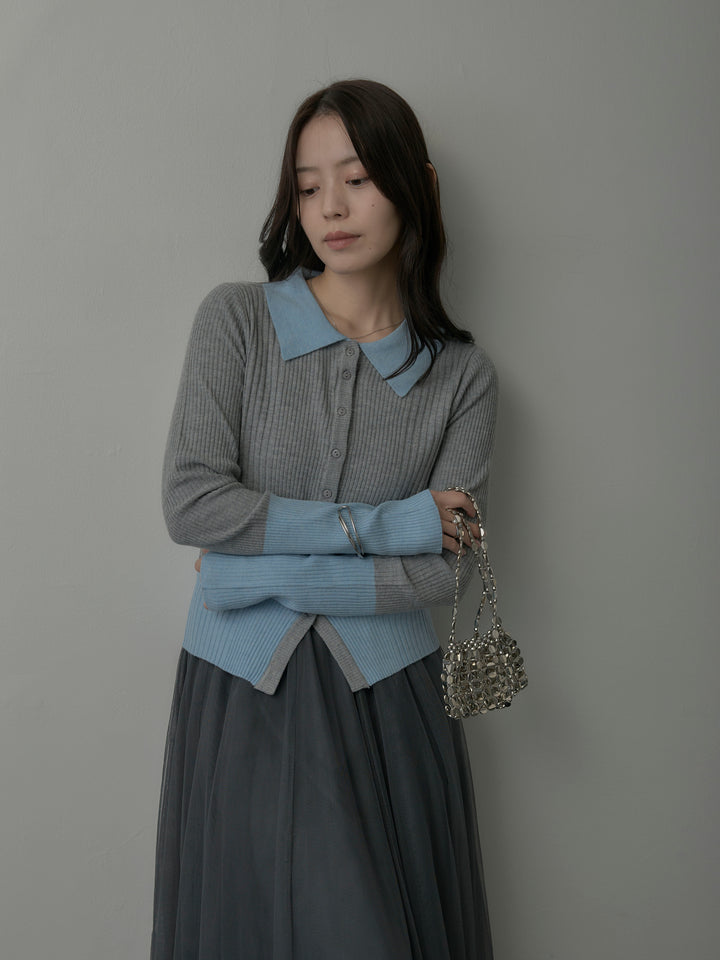 バイカラーリブニットポロトップス