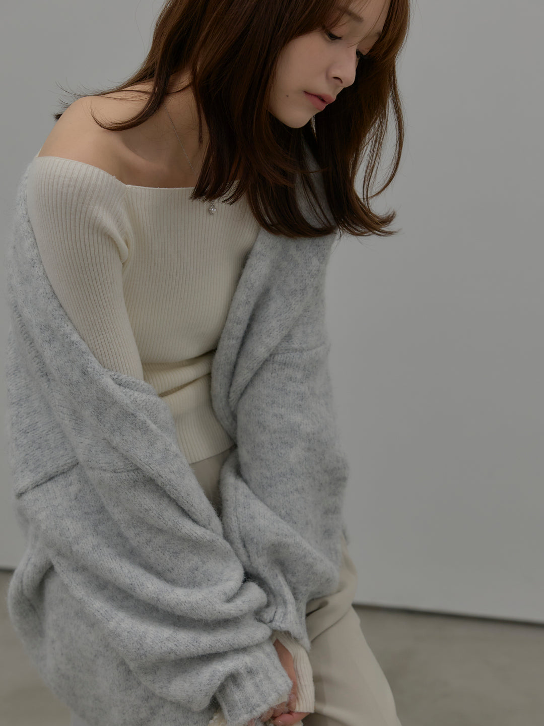 【SET】モヘアライクオーバーニットカーディガン+ウエストリボンワイドパンツ(2set)