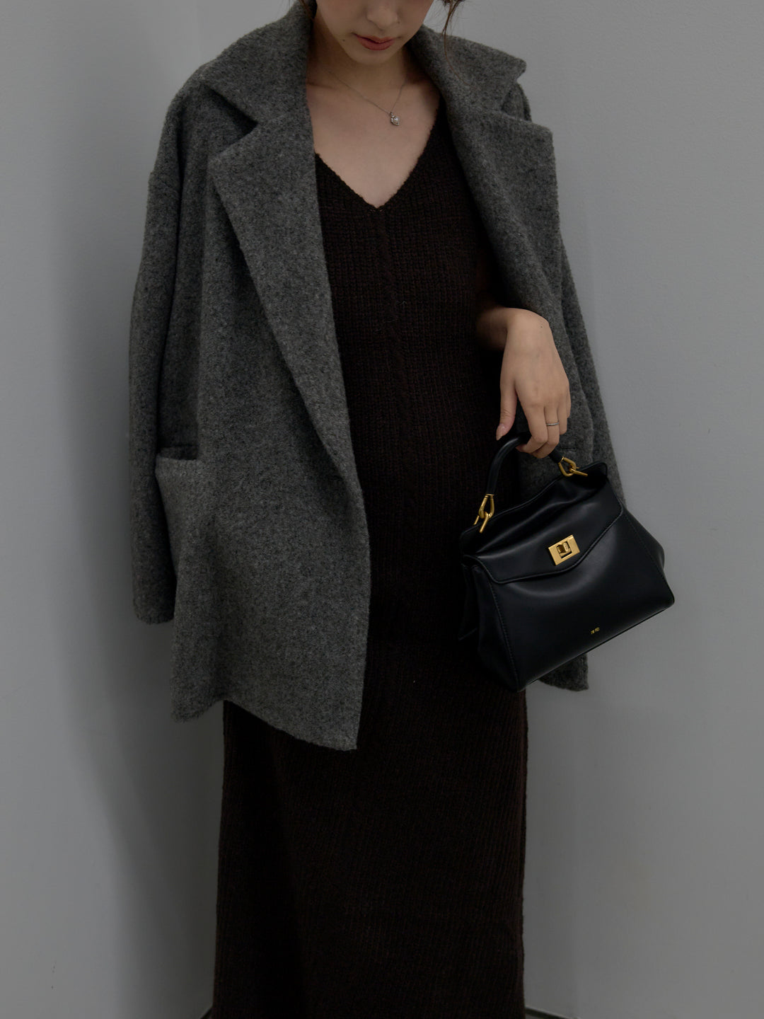 【SET】【Essential】オーバーサイズジャケットコート+リュクスリブニットロングドレス(2set)