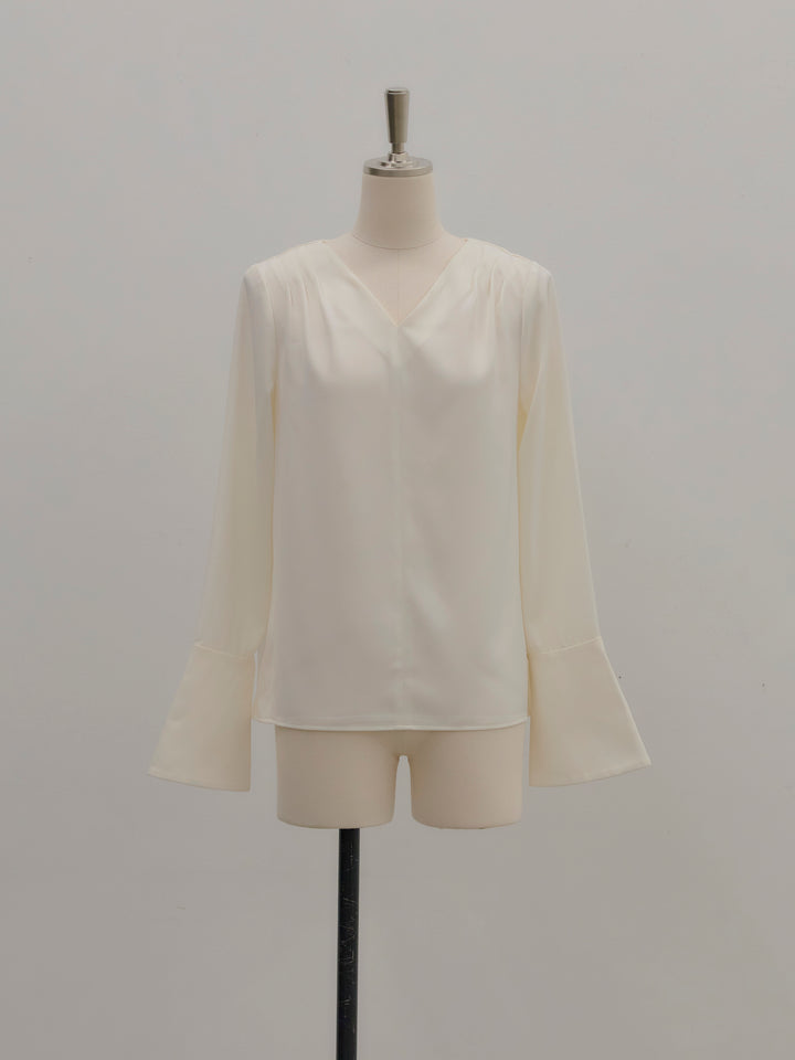 【Essential】2wayタイ付きベルスリーブサテンブラウス