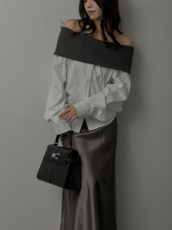 【SET】ニットシャツドッキングオフショルトップス+ヘビーサテンAラインスカート(2set)