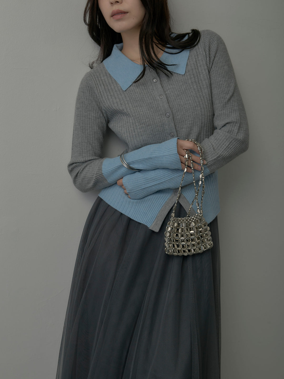 バイカラーリブニットポロトップス