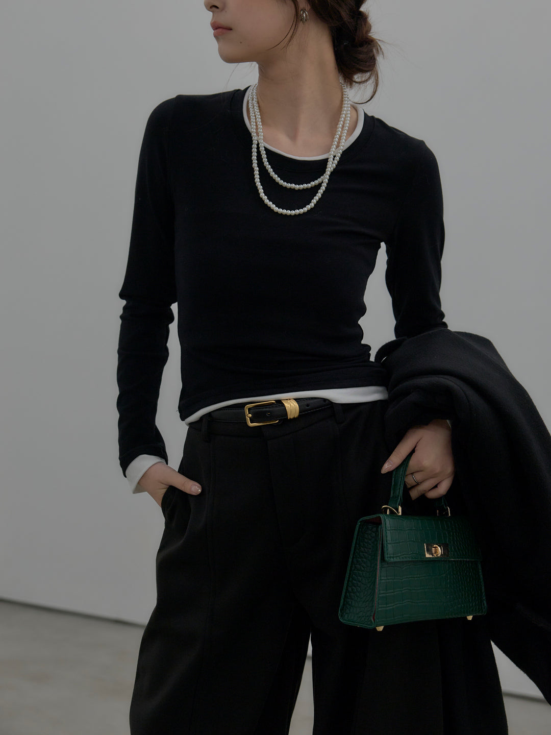 【SET】バイカラーレイヤードカットソー+カーブデザインスウェットライクパンツ(2set)