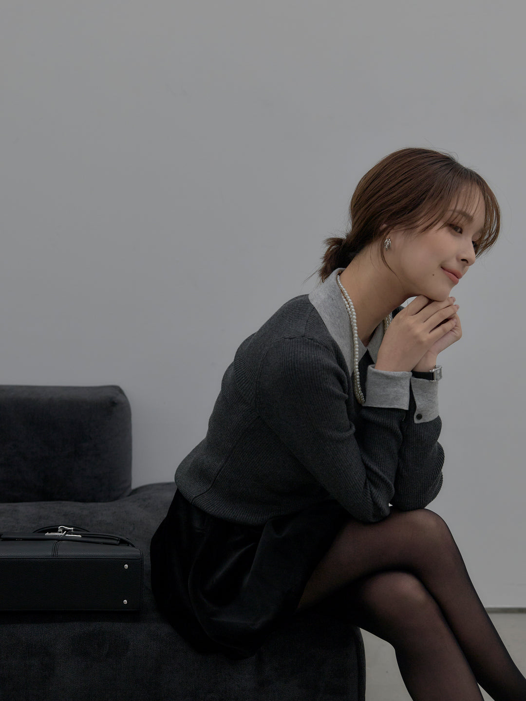 【SET】配色カフスニットポロ+ベロアバルーンミニスカート(インパン付き)(2set)