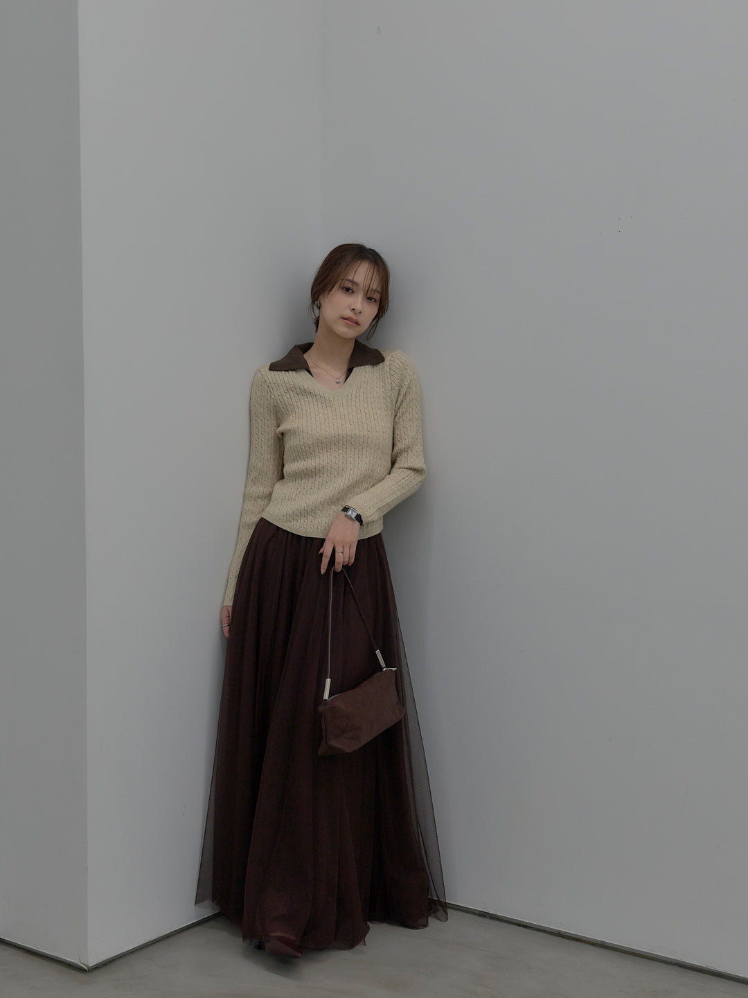【SET】配色Vネックケーブルニットトップス+ボリュームチュールスカート(2set)