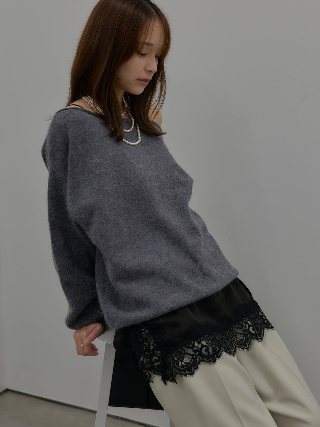 【SET】【premium touch】2wayショルダーニットプルオーバー+レースサテンキャミソール(2set)