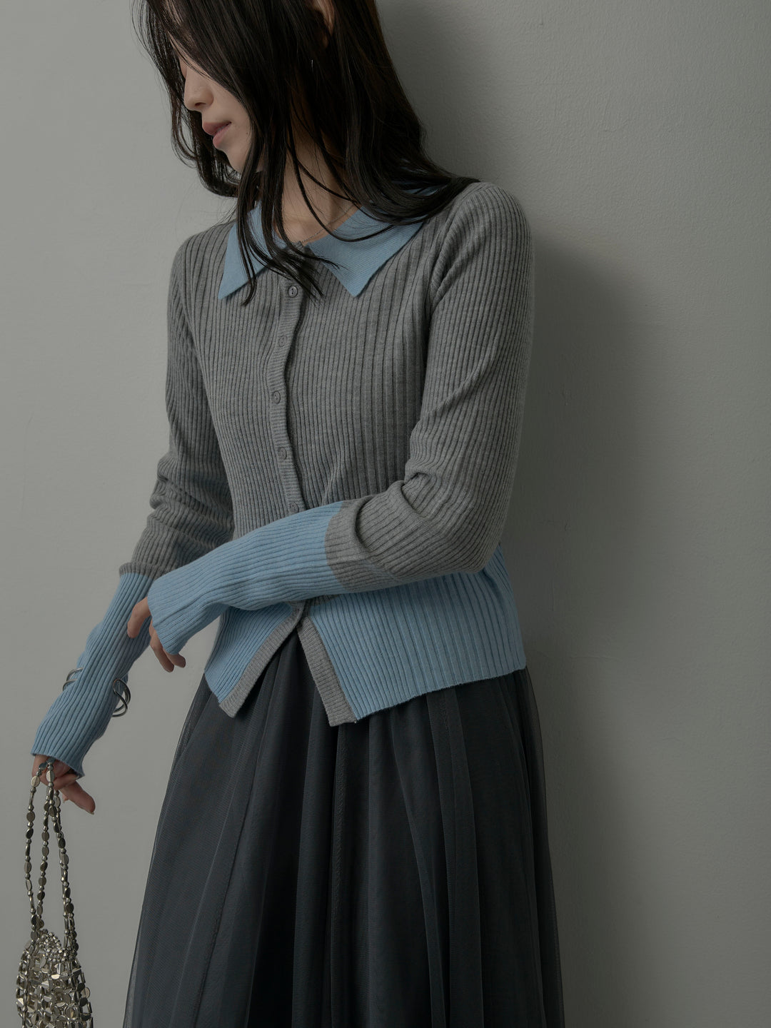 バイカラーリブニットポロトップス