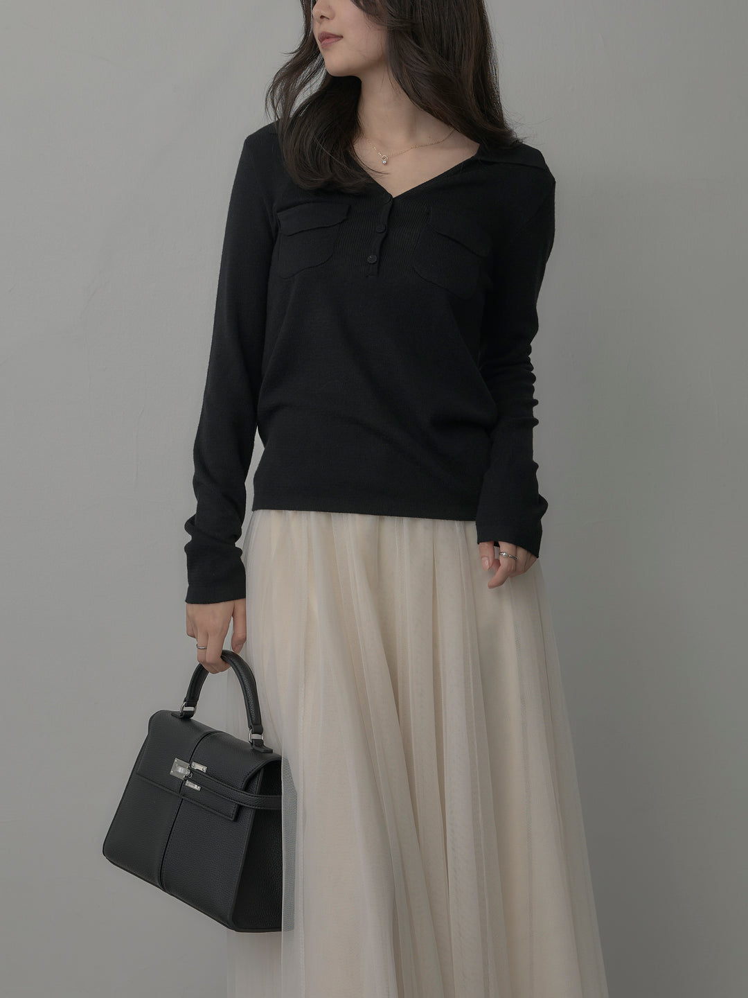 [予約]ポケットデザインリブニットトップス