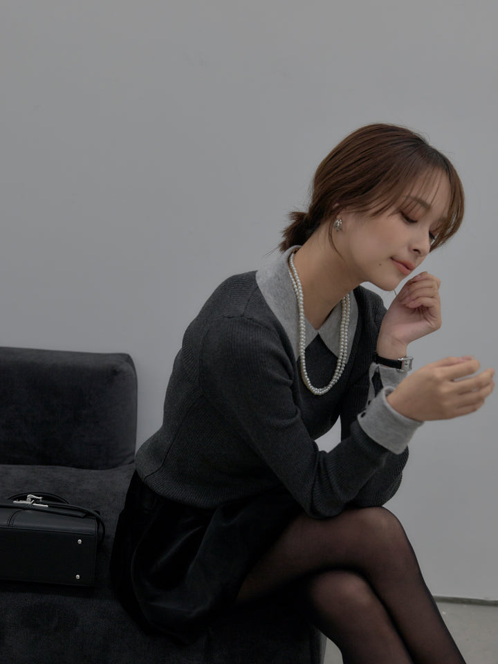 【SET】配色カフスニットポロ+ベロアバルーンミニスカート(インパン付き)(2set)